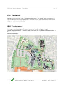 Situasjonsplan som viser plassering av nye bygninger (A- og F-bygget) i forhold til eksisterende infrastruktur, parkeringsplasser og omgivende natur i et forprosjekt.
