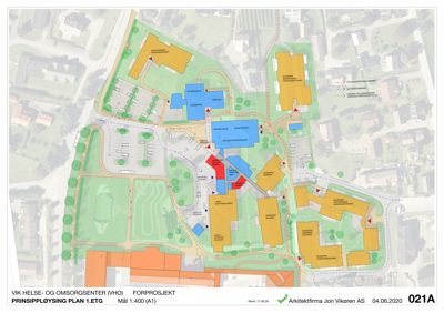 Etasjeplan (1. etasje) for VIK Helse- og omsorgssenter (VHO) som viser romfordeling, funksjoner og arealbruk.