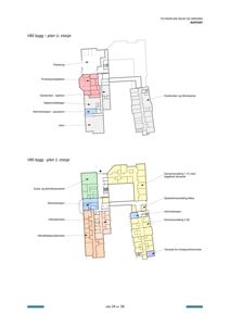 Bildet viser to etasjeplaner (U. etasje og 1. etasje) for VBS bygg, med romfordeling og funksjonsbeskrivelser.