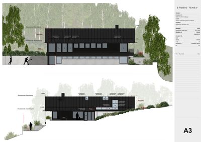 Snittegning som viser bygningens tverrsnitt, høyder, terrengforhold og fasadeelementer.