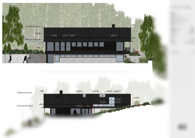 Snittegning som viser bygningens tverrsnitt, høyder, terrengforhold og fasadeelementer.