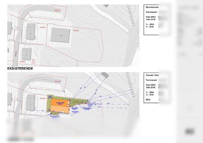 Situasjonsplan som viser eksisterende og omsøkt tiltak med bygningers plassering, tomteareal og arealopplysninger.