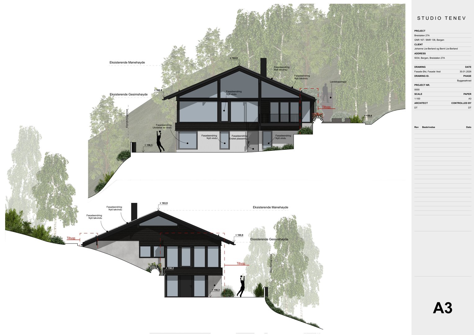 Fasadetegning som viser bygningens utseende fra utsiden, inkludert høydeangivelser og eksisterende terreng.