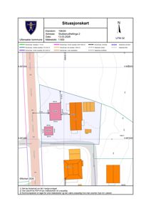 Situasjonskart som viser eiendomsnummer, adresse, dato, målestokk, nabolagsgrenser, vegnett og bygningsplassering med arealdata.