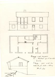 En tegning som viser fasadeopprikk (fra front og side) og etasjeplan for en tilbygg til et hus.
