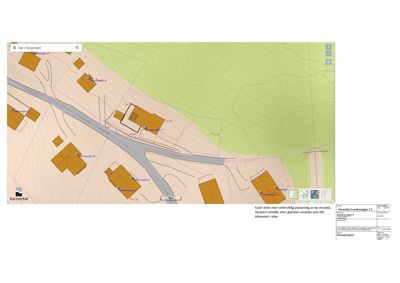 Situasjonsplan som viser tomtens beliggenhet i forhold til nabolag, vei og terrengforhold.