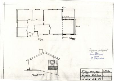 Et tegnet utkast til etasjeplan for en tilbygg, med en håndskrevet fasade tegning under.