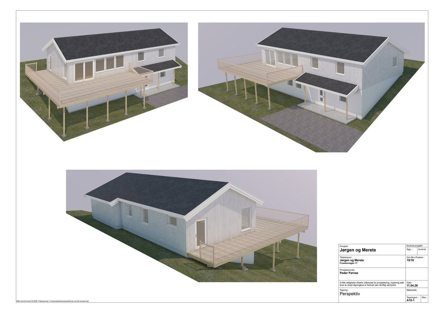 Tre 3D-visualiseringer (perspektivtegninger) av en planlagt hytte med terrasse og veranda.