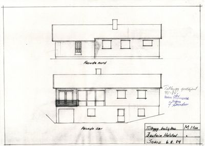 Tegning som viser fasadeopprikk for en bygning sett fra nord og sør.