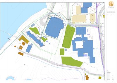 Situasjonsplan som viser tomtens form, bygningers plassering, vegnett, og terrengforhold.