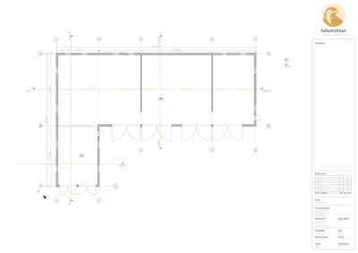 Etasjeplan (plantegning) som viser romfordeling, dører og veggkonstruksjoner for et bygg.