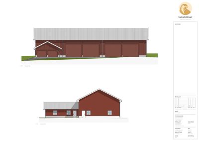 Bildet viser fasadetegninger av en bygning sett fra front (Fasade Sør) og side (Fasade Øst).