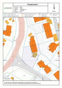 Situasjonskart som viser eiendomsforhold, naboeiendommer, vegforhold og topografi for eiendommen Lokketodalen 1B i Bergen.