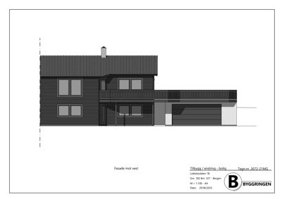 Fasadetegning av en bolig sett fra vest, med detaljer om tak, vinduer, balkong og garasje.