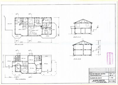 Bildet viser en tegning med etasjeplaner (1. etasje og underetasje) samt snittegninger (A-A og B-B) for en bolig.