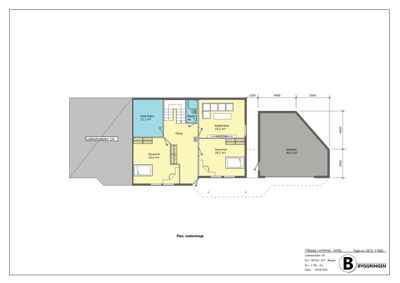 Plantegning av underetasjen i en bolig, som viser romfordeling (soverom, kjøkken, bad, gang) og en tilhørende garasje.