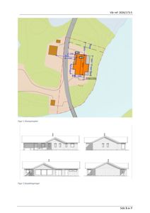 Bildet viser en situasjonsplan (Figur 1) med tomtegrenser, veier og andre bygninger, samt fasadetegninger (Figur 2) av en bolig.