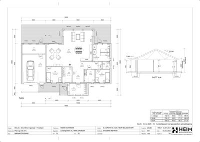 Etasjeplan (PLAN) med tilhørende snittegning (SNITT A-A) for en bolig med garasje.