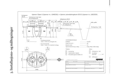 Installasjons- og måltegnings for en Uponor Clean I anleggsdel, med spesifikke mål og monteringsinstruksjoner.