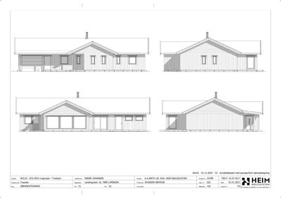 Fasadetegning som viser fire ulike vinkler (opp- og nedre front, samt to sider) av en bolig med garasje.
