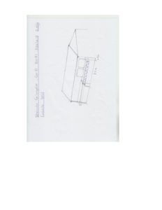 Håndtegnet oppriss (fascettegning) av en bygning sett fra vest, med angitte mål.