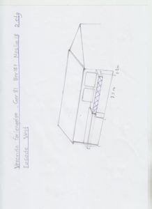 Håndtegnet oppriss av fasade vest for en verandaforlengelse på 2. etasje.