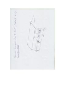 Håndtegnet oppriss av fasade (vest) med mål for verandaforlengelse.