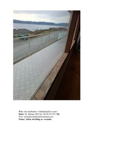 Fotografi av en veranda/balkong med utsikt over vann og fjell, tatt fra innendørs.