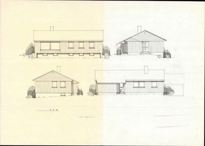 Tegning som viser fire forskjellige fasader (oppsett) av en bolig, med tekst som identifiserer dem som 'FASADER' og 'TYPE NR. 318+'.