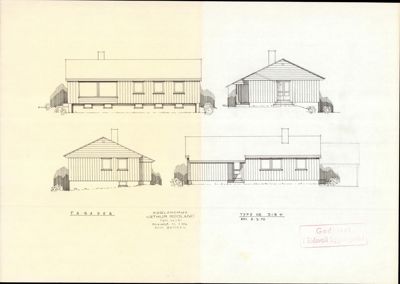 Tegning som viser fire forskjellige fasader (oppsett) av en bolig, med tekst som identifiserer dem som 'FASADER' og 'TYPE NR. 318+'.
