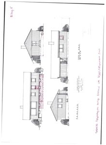 Fasadetegning som viser bygningens utsyn fra flere vinkler (front, side, bakside) med detaljer om vinduer, tak og fasadebelegg.