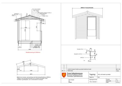 Tegning som viser detaljerte oppriss av en transportboks, inkludert mål på tak, vegger og dør, samt spesifikke konstruksjonsdetaljer som skruer og plater.