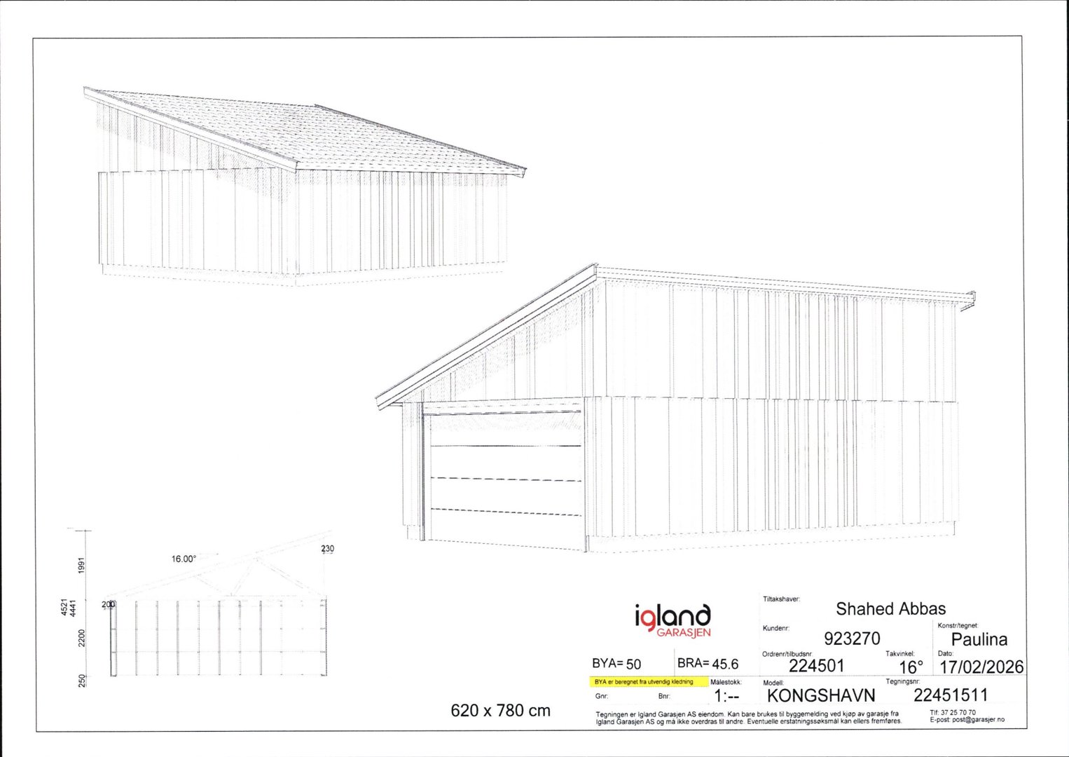 Fasadetegning av en garasje med oppriss og detaljeringslinjer.