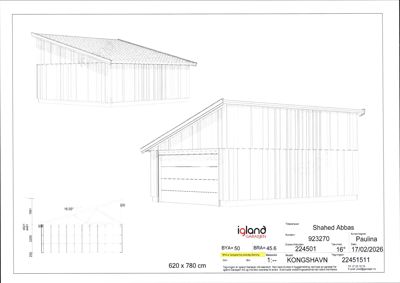 Fasadetegning av en garasje med oppriss og detaljeringslinjer.