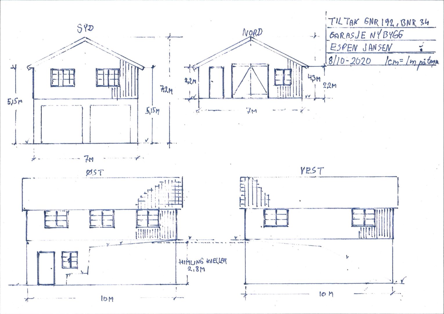 Fasadetegning som viser oppriss av en garasje sett fra fire sider (SØD, NORD, ØST, VEST) med mål og detaljer.