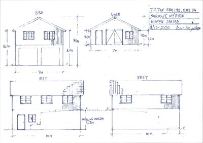 Fasadetegning som viser oppriss av en garasje sett fra fire sider (SØD, NORD, ØST, VEST) med mål og detaljer.