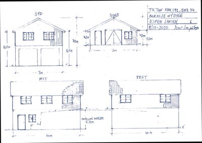 Fasadetegning som viser oppriss av en garasje sett fra fire sider (SØD, NORD, ØST, VEST) med mål og detaljer.