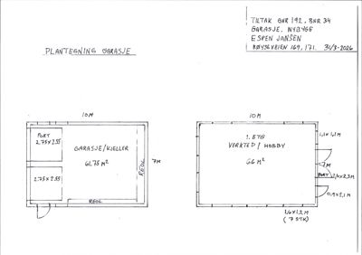 Plantegning for en garasje og etasjeplan for 1. etg. med romfordeling og mål.