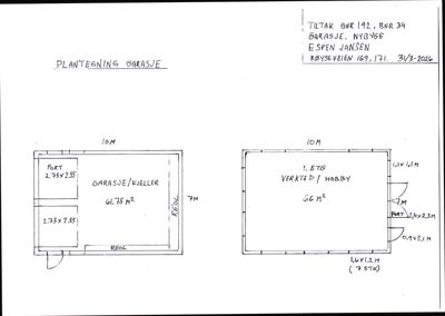 Håndskrevet plantegning av en garasje og verksted/hobbyrom med angitte mål og areal.