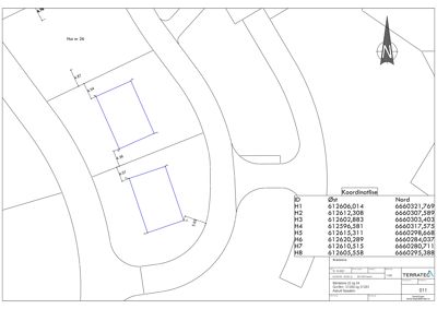 Situasjonsplan som viser tomtens grenser, nabolag (Hus nr 26), og koordinatliste for bygningens hjørner.