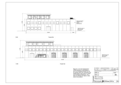Tegning som viser fasadeopprikk (Fasade Øst og Fasade Sør) for et bygg, inkludert mål, vindusoppsett og høyder.