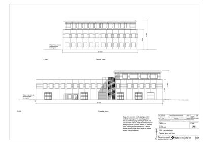 Tegning som viser fasadeopprikk for bygningen sett fra vest og nord, med mål og notasjoner.