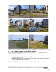 En samling av fem fotografier som viser utarbeidde felles uteområder, lekeplasser og bakkeforhold i et boligområde.