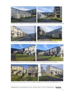 En samling fotografier av ferdigstilte bygninger og bebyggelse i et boligområde.