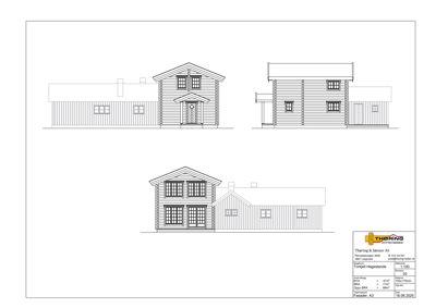 Fasadetegning som viser tre vinkler av en hytte: front, side og en skråvinkel.