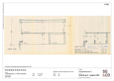 Snittegning (Snitt B-B og C-C) som viser bygningens tverrsnitt, romfordeling og konstruksjon.