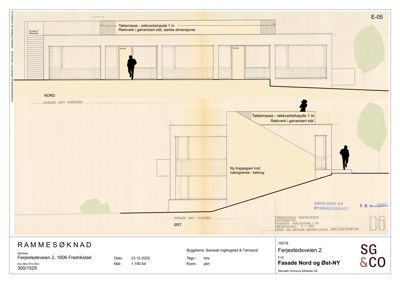Fasadetegning som viser bygningens utseende sett fra nordvest og øst, inkludert takterrasse, rekkverk og trapp.
