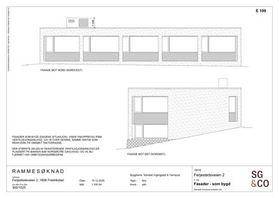 Fasadetegning som viser bygningens utseende sett fra nord og øst, inkludert vinduer, takform og terrengforhold.