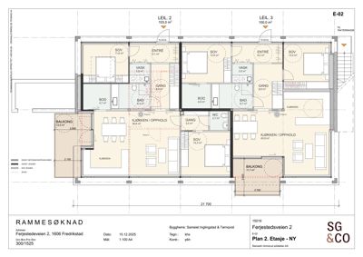 Etasjeplan (Plan 2) som viser romfordeling, arealer og plassering av leiligheter i et fleretasjes bygg.