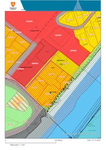 Situasjonsplan som viser tomtedeling, arealbruk (fargekodet), vegnett, vannkantar og bygningers plassering med tilhørende arealnummer.